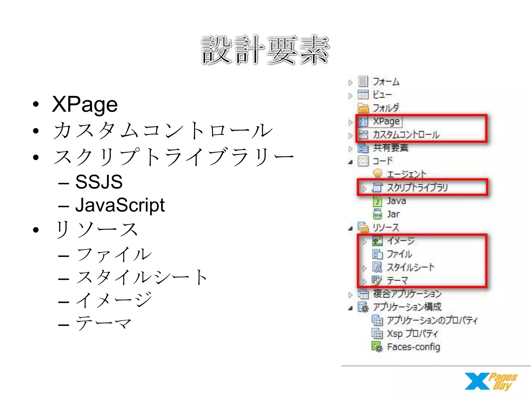 • XPage
• カスタムコントロール
• スクリプトライブラリー
– SSJS
– JavaScript

• リソース
–
–
–
–

ファイル
スタイルシート
イメージ
テーマ

 