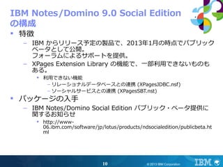 IBM Notes/Domino 9.0 Social Edition
の構成
 特徴
  – IBM からリリース予定の製品で、2013年1月の時点でパブリック
    ベータとして公開。
    フォーラムによるサポートを提供。
  – XPages Extension Library の機能で、一部利用できないものも
    ある。
       • 利用できない機能
          – リレーショナルデータベースとの連携 (XPagesJDBC.nsf)
          – ソーシャルサービスとの連携 (XPagesSBT.nst)
 パッケージの入手
  – IBM Notes/Domino Social Edition パブリック・ベータ提供に
    関するお知らせ
       • http://www-
         06.ibm.com/software/jp/lotus/products/ndsocialedition/publicbeta.ht
         ml




                                10                © 2013 IBM Corporation
 