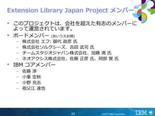 Extension Library Japan Project メンバー

 このプロジェクトは、会社を超えた有志のメンバーに
  よって運営されています。
 ボードメンバー (あいうえお順)
  –   株式会社 エフ: 御代 政彦 氏
  –   株式会社ソルクシーズ、吉田 武司 氏
  –   チームスタジオジャパン株式会社、加藤 満 ⽒
  –   ネオアクシス株式会社、佐藤 正彦 氏、阿部 覚 氏
 IBM コアメンバー
  –   佐藤 淳
  –   小峯 宏秋
  –   小野 充志
  –   祖父江 達也




                  13      © 2013 IBM Corporation
 
