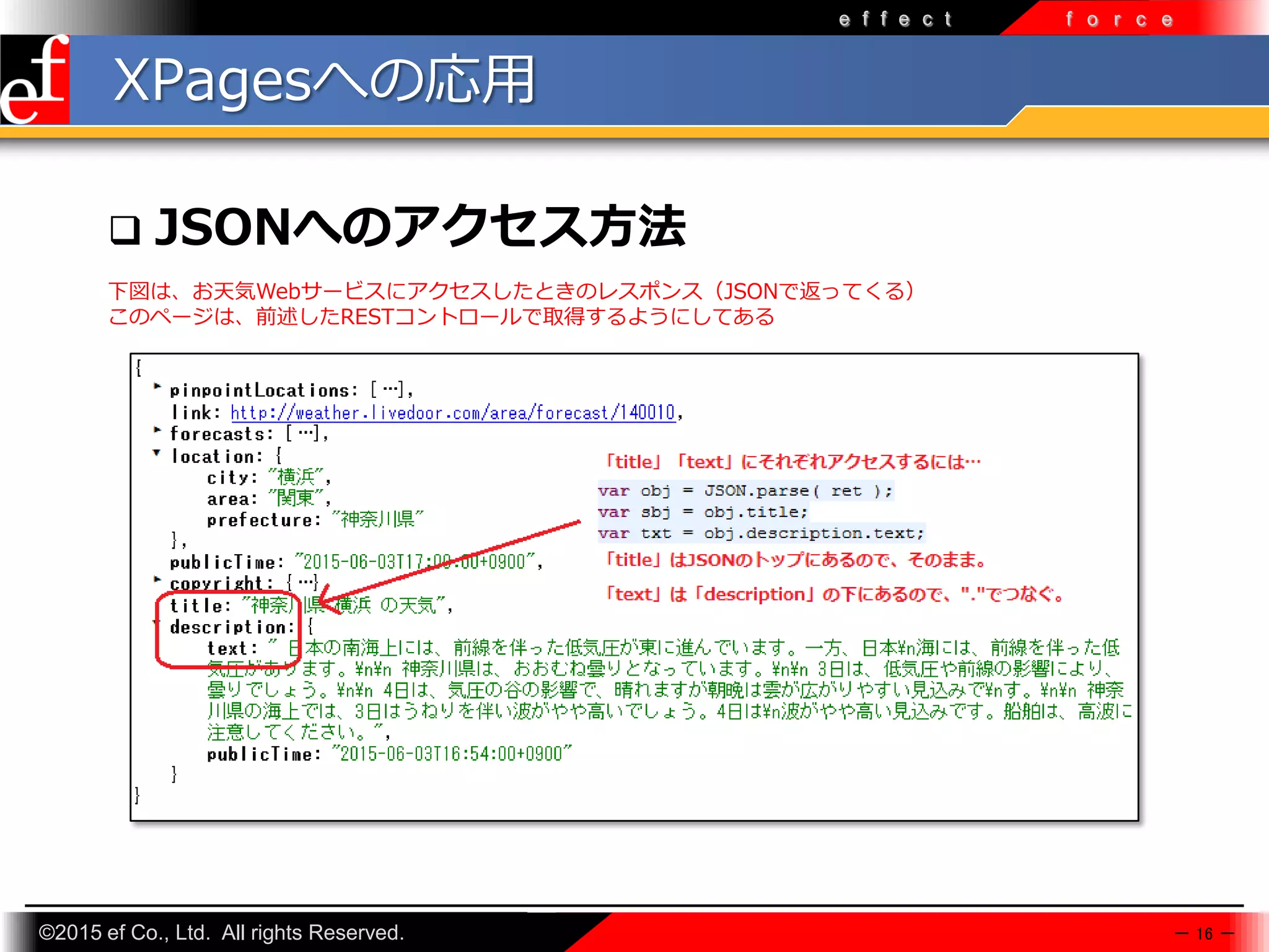 ©2015 ef Co., Ltd. All rights Reserved.
e f f e c t f o r c e
XPagesへの応⽤
 JSONへのアクセス方法
－ 16 －
下図は、お天気Webサービスにアクセスしたときのレスポンス（JSONで返ってくる）
このページは、前述したRESTコントロールで取得するようにしてある
 