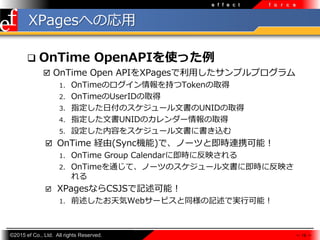 ?2015 ef Co., Ltd. All rights Reserved.
e f f e c t f o r c e
XPagesؤΏ?
? OnTime OpenAPIʹä
? OnTime Open APIXPages?ץץ
1. OnTimeΥ֤Tokenȡ
2. OnTimeUserIDȡ
3. ָոΥ`ĕUNIDȡ
4. ָĕUNIDΥ`ȡ
5. Oݤ򥹥`ĕ˕z
? OnTime U(SyncC)ǡΩ`ĤȼrBЯܣ
1. OnTime Group Calendar˼r˷ӳ
2. OnTimeͨơΩ`ĤΥ`ĕ˼r˷ӳ

? XPagesʤCSJSӛܣ
1. ǰWeb`ӥͬӛǌgпܣ
 19 
 
