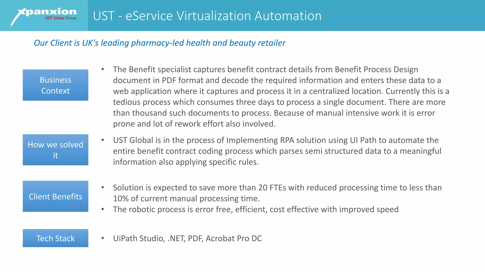 UST - eService Virtualization Automation
Business
Context
How we solved
it
Client Benefits
Tech Stack
Our Client is UK's leading pharmacy-led health and beauty retailer
• The Benefit specialist captures benefit contract details from Benefit Process Design
document in PDF format and decode the required information and enters these data to a
web application where it captures and process it in a centralized location. Currently this is a
tedious process which consumes three days to process a single document. There are more
than thousand such documents to process. Because of manual intensive work it is error
prone and lot of rework effort also involved.
• UST Global is in the process of Implementing RPA solution using UI Path to automate the
entire benefit contract coding process which parses semi structured data to a meaningful
information also applying specific rules.
• Solution is expected to save more than 20 FTEs with reduced processing time to less than
10% of current manual processing time.
• The robotic process is error free, efficient, cost effective with improved speed
• UiPath Studio, .NET, PDF, Acrobat Pro DC
 