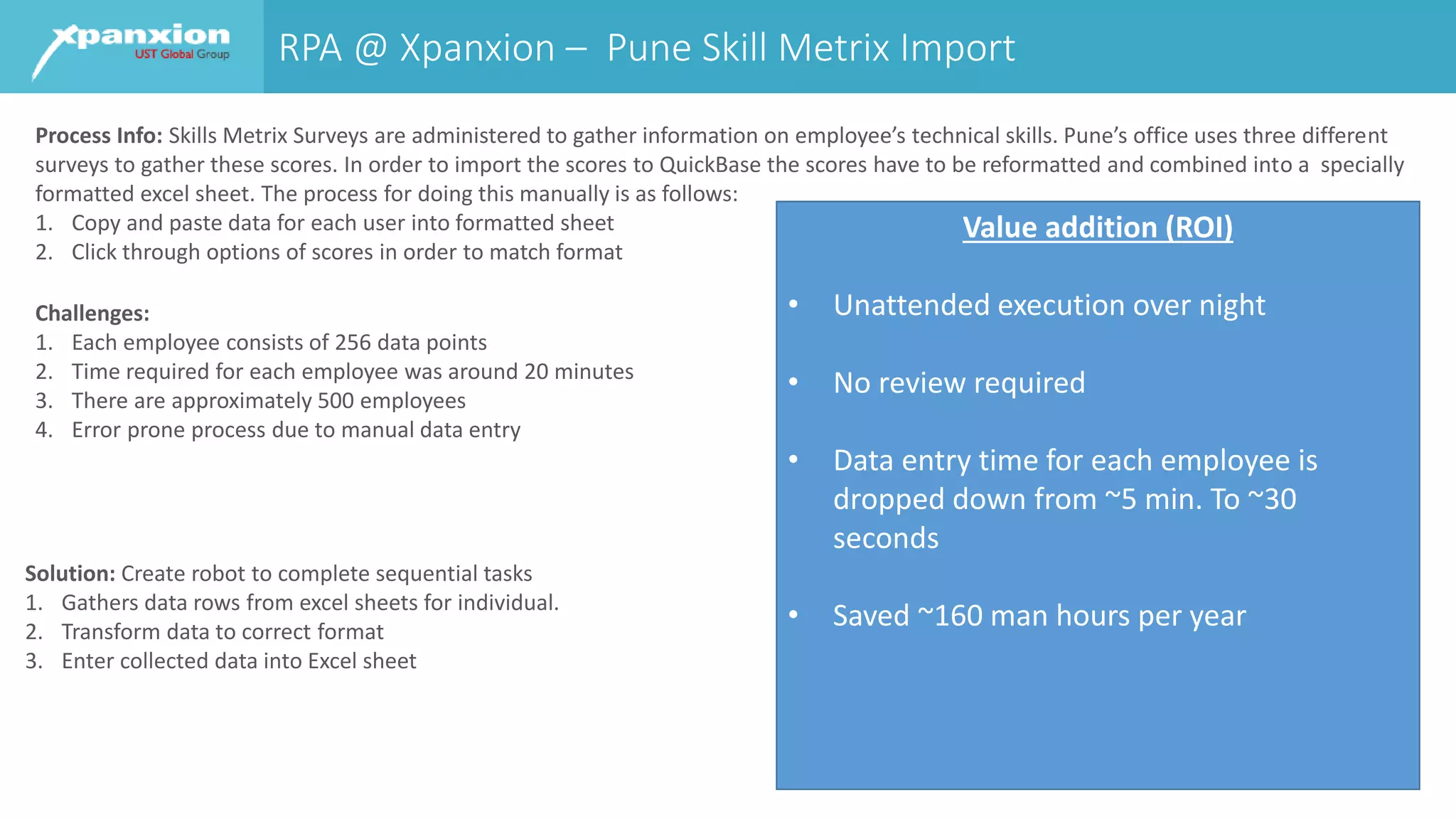 RPA @ Xpanxion – Pune Skill Metrix Import
Process Info: Skills Metrix Surveys are administered to gather information on employee’s technical skills. Pune’s office uses three different
surveys to gather these scores. In order to import the scores to QuickBase the scores have to be reformatted and combined into a specially
formatted excel sheet. The process for doing this manually is as follows:
1. Copy and paste data for each user into formatted sheet
2. Click through options of scores in order to match format
Solution: Create robot to complete sequential tasks
1. Gathers data rows from excel sheets for individual.
2. Transform data to correct format
3. Enter collected data into Excel sheet
Challenges:
1. Each employee consists of 256 data points
2. Time required for each employee was around 20 minutes
3. There are approximately 500 employees
4. Error prone process due to manual data entry
Value addition (ROI)
• Unattended execution over night
• No review required
• Data entry time for each employee is
dropped down from ~5 min. To ~30
seconds
• Saved ~160 man hours per year
 