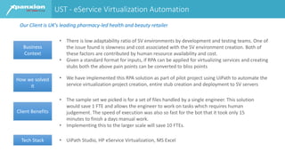 UST - eService Virtualization Automation
Business
Context
• There is low adaptability ratio of SV environments by developm...