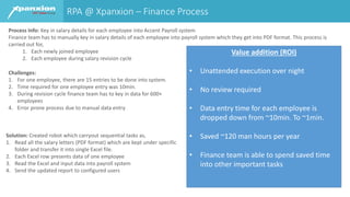 RPA @ Xpanxion – Finance Process
Process Info: Key in salary details for each employee into Accent Payroll system
Finance ...