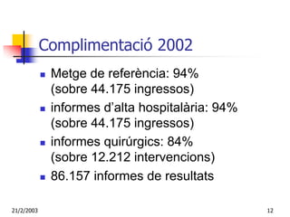 Complimentació 2002
             Metge de referència: 94%
             (sobre 44.175 ingressos)
             informes d’alta hospitalària: 94%
             (sobre 44.175 ingressos)
             informes quirúrgics: 84%
             (sobre 12.212 intervencions)
             86.157 informes de resultats

21/2/2003                                        12
 