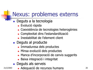 Nexus: problemes externs
             Deguts a la tecnologia
               Evolució ràpida
               Coexistència de tecnologies heterogènies
               Complexitat dins l'estandardització
               Inestabilitat de l’element client
             Deguts al producte
               Immaduresa dels productes
               Minsa evolució dels productes
               Manca d'incorporació de canvis suggerits
               Baixa integració i integritat
             Deguts als serveis
21/2/2003      Adequació de recursos humans               20
 