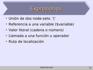 Expresiones <ul><li>Unión de dos node-sets: '|' </li></ul><ul><li>Referencia a una variable ($variable) </li></ul><ul><li>...