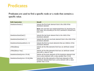 Predicates
Predicates are used to find a specific node or a node that contains a
specific value.
 