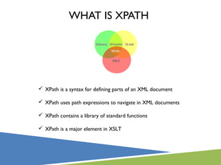 WHAT IS XPATH
 XPath is a syntax for defining parts of an XML document
 XPath uses path expressions to navigate in XML documents
 XPath contains a library of standard functions
 XPath is a major element in XSLT
 