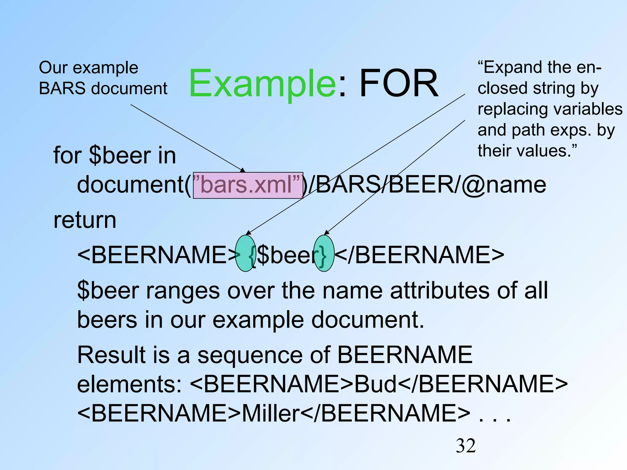32
Example: FOR
for $beer in
document(”bars.xml”)/BARS/BEER/@name
return
<BEERNAME> {$beer} </BEERNAME>
$beer ranges over the name attributes of all
beers in our example document.
Result is a sequence of BEERNAME
elements: <BEERNAME>Bud</BEERNAME>
<BEERNAME>Miller</BEERNAME> . . .
“Expand the en-
closed string by
replacing variables
and path exps. by
their values.”
Our example
BARS document
 
