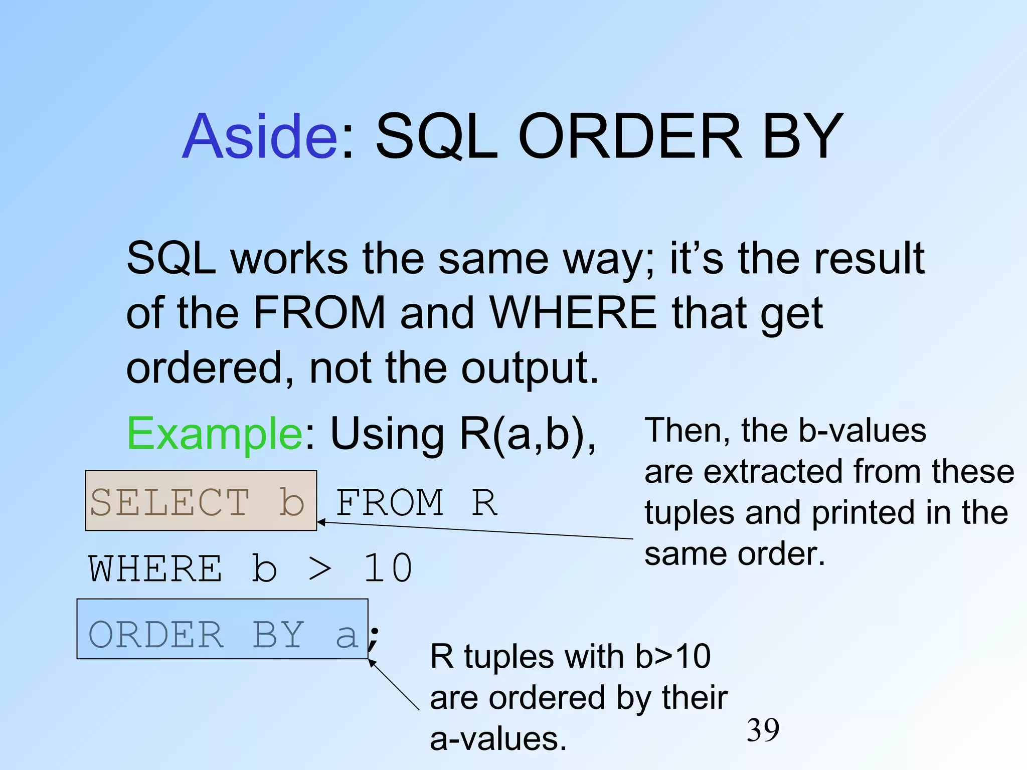 39
Aside: SQL ORDER BY
SQL works the same way; it’s the result
of the FROM and WHERE that get
ordered, not the output.
Example: Using R(a,b),
SELECT b FROM R
WHERE b > 10
ORDER BY a; R tuples with b>10
are ordered by their
a-values.
Then, the b-values
are extracted from these
tuples and printed in the
same order.
 