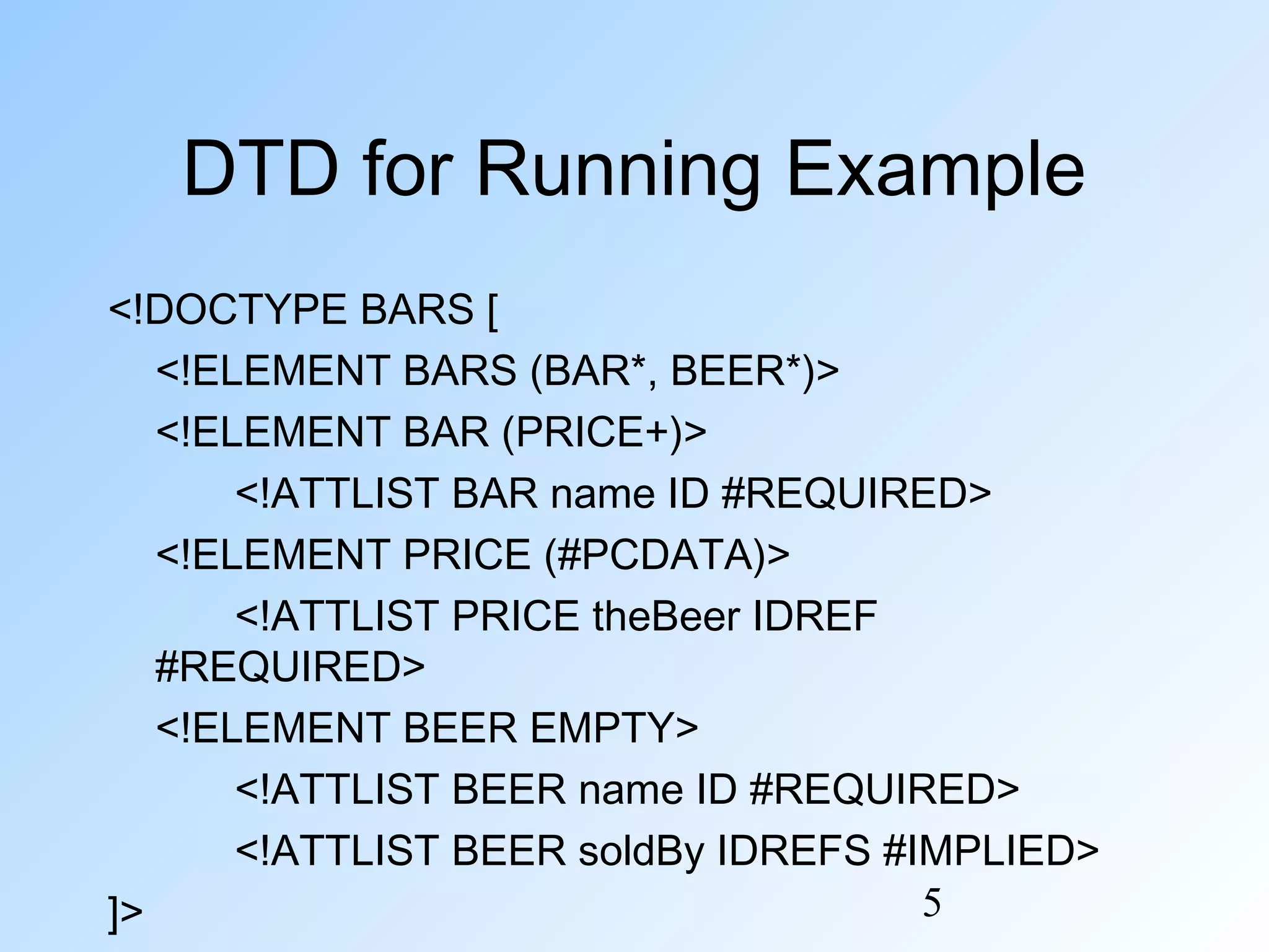 5
DTD for Running Example
<!DOCTYPE BARS [
<!ELEMENT BARS (BAR*, BEER*)>
<!ELEMENT BAR (PRICE+)>
<!ATTLIST BAR name ID #REQUIRED>
<!ELEMENT PRICE (#PCDATA)>
<!ATTLIST PRICE theBeer IDREF
#REQUIRED>
<!ELEMENT BEER EMPTY>
<!ATTLIST BEER name ID #REQUIRED>
<!ATTLIST BEER soldBy IDREFS #IMPLIED>
]>
 