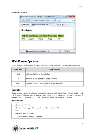 XPath
36
Verify the output
XPathBooleanOperators
XPath defines the following Boolean operators to be used with the XPath expressions.
Operator Description
and both conditions to be satisfied
or any one of the condition to be satisfied
not() function to check condition not to be satisfied.
Example
This example creates a table of <student> element with its attribute roll no and its child
<firstname>,<lastname><nickname> and <marks> by iterating over each student. It
checks rollno to be either 393 or 493 and then prints the student(s) details.
students.xml
<?xml version="1.0"?>
<?xml-stylesheet type="text/xsl" href="students.xsl"?>
<class>
<student rollno="393">
<firstname>Dinkar</firstname>
 