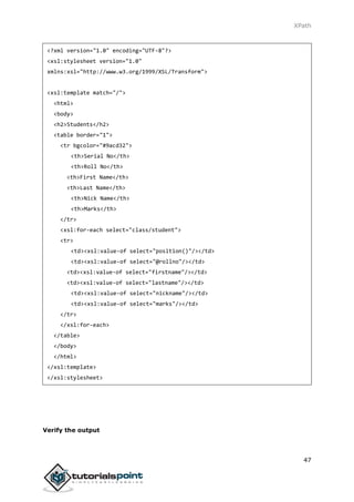 XPath
47
<?xml version="1.0" encoding="UTF-8"?>
<xsl:stylesheet version="1.0"
xmlns:xsl="http://www.w3.org/1999/XSL/Transform">
<xsl:template match="/">
<html>
<body>
<h2>Students</h2>
<table border="1">
<tr bgcolor="#9acd32">
<th>Serial No</th>
<th>Roll No</th>
<th>First Name</th>
<th>Last Name</th>
<th>Nick Name</th>
<th>Marks</th>
</tr>
<xsl:for-each select="class/student">
<tr>
<td><xsl:value-of select="position()"/></td>
<td><xsl:value-of select="@rollno"/></td>
<td><xsl:value-of select="firstname"/></td>
<td><xsl:value-of select="lastname"/></td>
<td><xsl:value-of select="nickname"/></td>
<td><xsl:value-of select="marks"/></td>
</tr>
</xsl:for-each>
</table>
</body>
</html>
</xsl:template>
</xsl:stylesheet>
Verify the output
 