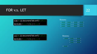 FOR v.s. LET
FOR $x IN document("bib.xml")/bib/book
RETURN <result> { $x } </result>
Returns:
<result> <book>...</book></result>
<result> <book>...</book></result>
<result> <book>...</book></result>
...
LET $x IN document("bib.xml")/bib/book
RETURN <result> { $x } </result>
Returns:
<result> <book>...</book>
<book>...</book>
<book>...</book>
...
</result>
22
 