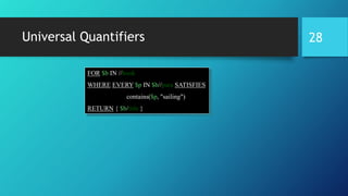 Universal Quantifiers
FOR $b IN //book
WHERE EVERY $p IN $b//para SATISFIES
contains($p, "sailing")
RETURN { $b/title }
28
 
