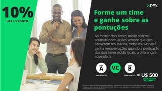 Forme um time
e ganhe sobre as
pontuções
10%U$1 = 1 PONTO
Ao formar dois times, nosso sistema
acumula pontuações sempre que eles
obtiverem resultados, todos os dias você
ganha remunerações quando a pontuação
dos dois times estão iguais, a diferença é
acumulada.
VC
TIME
A
TIME
B
5000 PONTOS 5000 PONTOS
= U$ 500
Para um modelo de negócio saudável, seguro e sustentável, você possui um limite diário de ganhos desta re-
compensa, a chamamos de TETO DIÁRIO que é 50% do valor aplicado em criptomoedas e o limite máximo de
TETO DIÁRIO é de U$2.000 dólares.
+500 PONTOS
XPAY CLUB
 