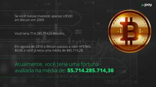Se você tivesse investido apenas U$500
em Bitcoin em 2009.
Você teria 714.285,71429 Bitcoins.
Em agosto de 2010 o Bitcoin passou a valer APENAS
$0,06 e você já teria uma média de $85.714,28.
Atualmente, você teria uma fortuna
avaliada na média de: $5.714.285.714,30
 