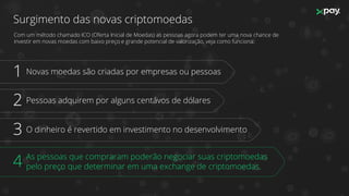 Surgimento das novas criptomoedas
Com um método chamado ICO (Oferta Inicial de Moedas) as pessoas agora podem ter uma nova chance de
investir em novas moedas com baixo preço e grande potencial de valorização, veja como funciona:
Novas moedas são criadas por empresas ou pessoas1
2 Pessoas adquirem por alguns centávos de dólares
3 O dinheiro é revertido em investimento no desenvolvimento
4 As pessoas que compraram poderão negociar suas criptomoedas
pelo preço que determinar em uma exchange de criptomoedas.
 