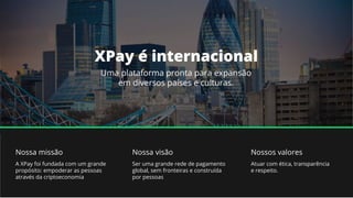 XPay é internacional
Uma plataforma pronta para expansão
em diversos países e culturas.
Nossa missão
A XPay foi fundada com um grande
propósito: empoderar as pessoas
através da criptoeconomia
Nossa visão
Ser uma grande rede de pagamento
global, sem fronteiras e construída
por pessoas
Nossos valores
Atuar com ética, transparência
e respeito.
 