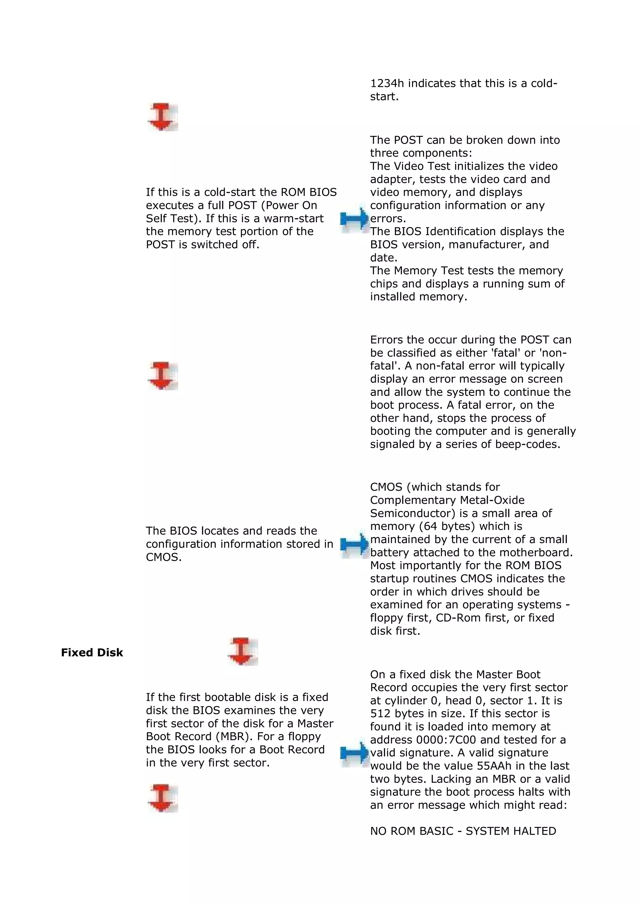 1234h indicates that this is a cold-
                                                     start.



                                                     The POST can be broken down into
                                                     three components:
                                                     The Video Test initializes the video
                                                     adapter, tests the video card and
             If this is a cold-start the ROM BIOS    video memory, and displays
             executes a full POST (Power On          configuration information or any
             Self Test). If this is a warm-start     errors.
             the memory test portion of the          The BIOS Identification displays the
             POST is switched off.                   BIOS version, manufacturer, and
                                                     date.
                                                     The Memory Test tests the memory
                                                     chips and displays a running sum of
                                                     installed memory.


                                                     Errors the occur during the POST can
                                                     be classified as either 'fatal' or 'non-
                                                     fatal'. A non-fatal error will typically
                                                     display an error message on screen
                                                     and allow the system to continue the
                                                     boot process. A fatal error, on the
                                                     other hand, stops the process of
                                                     booting the computer and is generally
                                                     signaled by a series of beep-codes.


                                                     CMOS (which stands for
                                                     Complementary Metal-Oxide
                                                     Semiconductor) is a small area of
             The BIOS locates and reads the          memory (64 bytes) which is
             configuration information stored in     maintained by the current of a small
             CMOS.                                   battery attached to the motherboard.
                                                     Most importantly for the ROM BIOS
                                                     startup routines CMOS indicates the
                                                     order in which drives should be
                                                     examined for an operating systems -
                                                     floppy first, CD-Rom first, or fixed
                                                     disk first.
Fixed Disk

                                                     On a fixed disk the Master Boot
                                                     Record occupies the very first sector
             If the first bootable disk is a fixed   at cylinder 0, head 0, sector 1. It is
             disk the BIOS examines the very         512 bytes in size. If this sector is
             first sector of the disk for a Master   found it is loaded into memory at
             Boot Record (MBR). For a floppy         address 0000:7C00 and tested for a
             the BIOS looks for a Boot Record        valid signature. A valid signature
             in the very first sector.               would be the value 55AAh in the last
                                                     two bytes. Lacking an MBR or a valid
                                                     signature the boot process halts with
                                                     an error message which might read:

                                                     NO ROM BASIC - SYSTEM HALTED
 