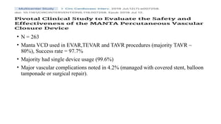 • N = 263
• Manta VCD used in EVAR,TEVAR and TAVR procedures (majority TAVR ~
80%), Success rate = 97.7%
• Majority had single device usage (99.6%)
• Major vascular complications noted in 4.2% (managed with covered stent, balloon
tamponade or surgical repair).
 