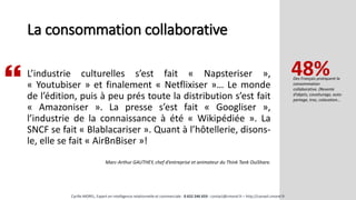 La consommation collaborative
L’industrie culturelles s’est fait « Napsteriser »,
« Youtubiser » et finalement « Netflixiser »… Le monde
de l’édition, puis à peu prés toute la distribution s’est fait
« Amazoniser ». La presse s’est fait « Googliser »,
l’industrie de la connaissance à été « Wikipédiée ». La
SNCF se fait « Blablacariser ». Quant à l’hôtellerie, disons-
le, elle se fait « AirBnBiser »!
Marc-Arthur GAUTHEY, chef d’entreprise et animateur du Think Tank OuiShare.
Des Français pratiquent la
consommation
collaborative. (Revente
d’objets, covoiturage, auto-
partage, troc, colocation…
48%

Cyrille MOREL, Expert en intelligence relationnelle et commerciale - 0 652 246 659 - contact@cmorel.fr – http://conseil.cmorel.fr
 
