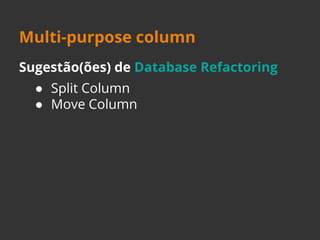 Multi-purpose column 
Sugestão(ões) de Database Refactoring 
● Split Column 
● Move Column 
 