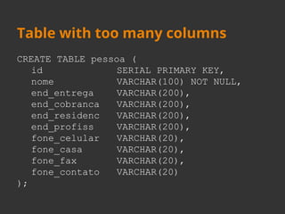 Table with too many columns 
CREATE TABLE pessoa ( 
id SERIAL PRIMARY KEY, 
nome VARCHAR(100) NOT NULL, 
end_entrega VARCHAR(200), 
end_cobranca VARCHAR(200), 
end_residenc VARCHAR(200), 
end_profiss VARCHAR(200), 
fone_celular VARCHAR(20), 
fone_casa VARCHAR(20), 
fone_fax VARCHAR(20), 
fone_contato VARCHAR(20) 
); 
 