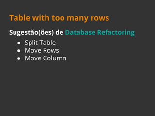 Table with too many rows 
Sugestão(ões) de Database Refactoring 
● Split Table 
● Move Rows 
● Move Column 
 