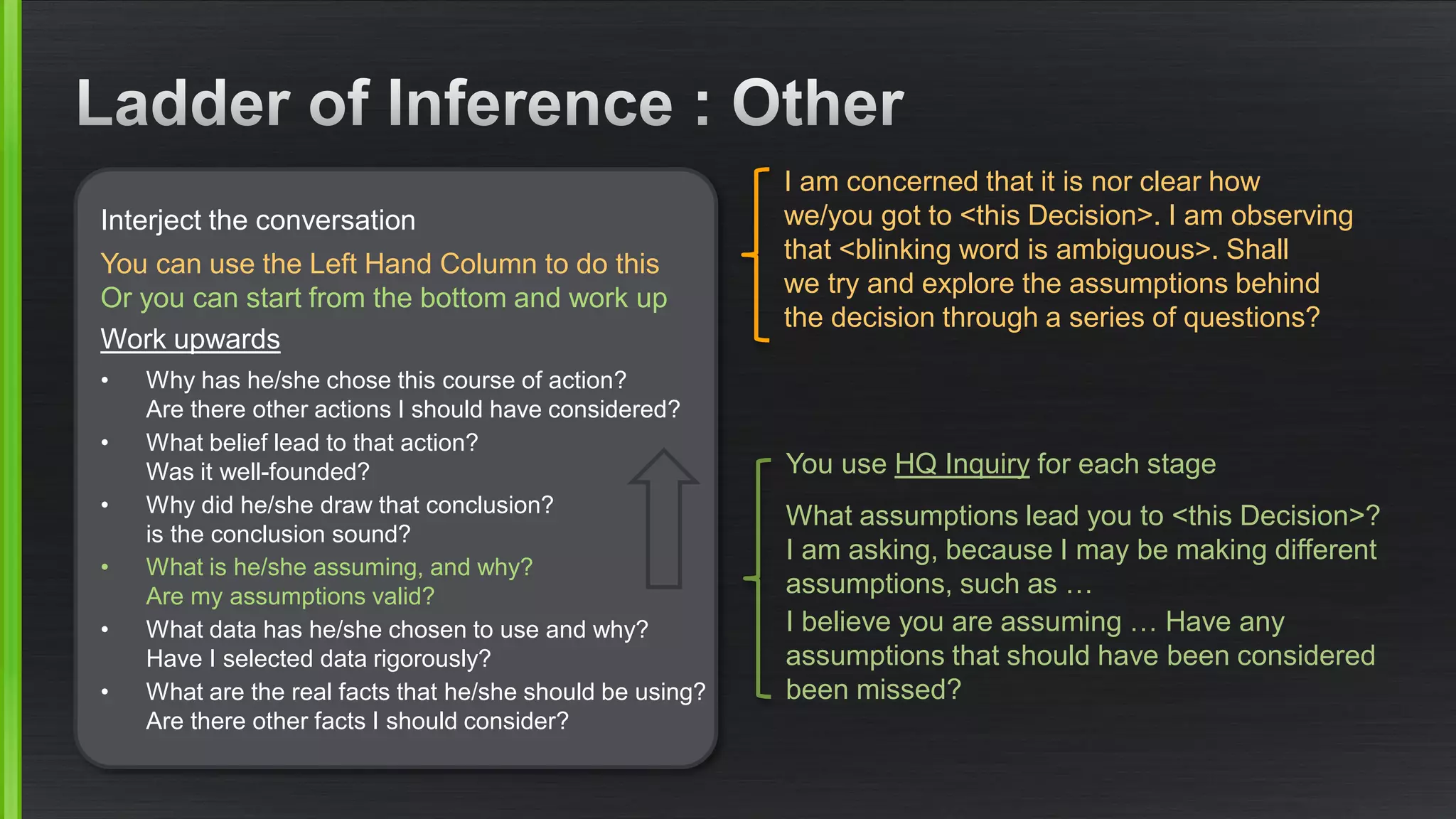 Interject the conversation 
You can use the Left Hand Column to do this 
Or you can start from the bottom and work up 
Work upwards 
•Why has he/she chose this course of action? Are there other actions I should have considered? 
•What belief lead to that action? Was it well-founded? 
•Why did he/she draw that conclusion? is the conclusion sound? 
•What is he/she assuming, and why? Are my assumptions valid? 
•What data has he/she chosen to use and why? Have I selected data rigorously? 
•What are the real facts that he/she should be using? Are there other facts I should consider? 
You use HQ Inquiryfor each stage 
What assumptions lead you to <this Decision>? I am asking, because I may be making different assumptions, such as … 
I believe you are assuming … Have any assumptions that should have been considered been missed? 
I am concerned that it is nor clear howwe/you got to <this Decision>. I am observingthat <blinking word is ambiguous>. Shallwe try and explore the assumptions behindthe decision through a series of questions?  