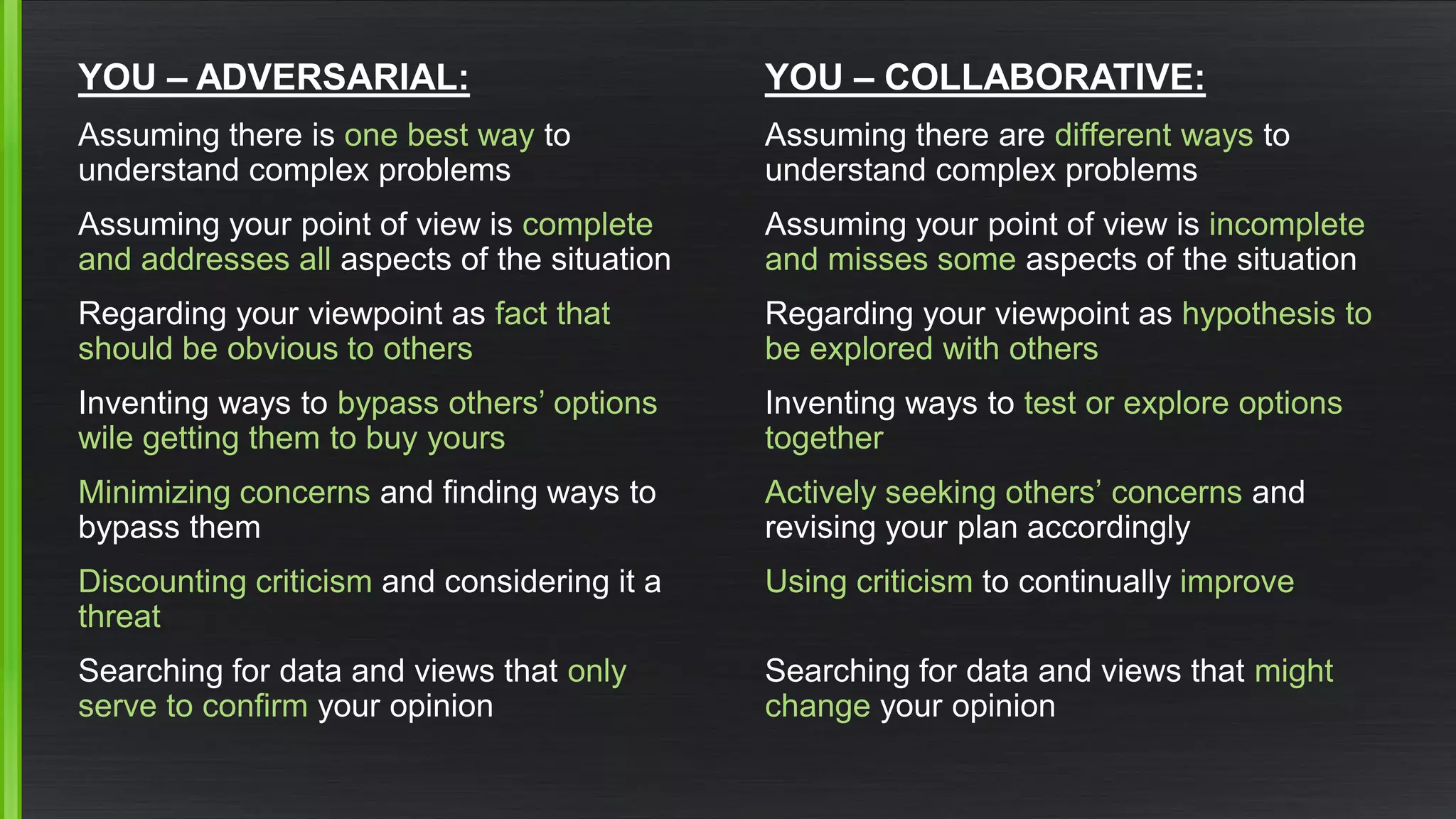 YOU –ADVERSARIAL: 
Assuming there is one best wayto understand complex problems 
Assuming your point of view is complete and addresses allaspects of the situation 
Regarding your viewpoint as fact that should be obvious to others 
Inventing ways to bypass others’ options wile getting them to buy yours 
Minimizing concerns and finding ways to bypass them 
Discounting criticism and considering it a threat 
Searching for data and views that only serve to confirmyour opinionYOU –COLLABORATIVE: 
Assuming there are different waysto understand complex problems 
Assuming your point of view is incomplete and misses someaspects of the situation 
Regarding your viewpoint as hypothesis to be explored with others 
Inventing ways to test or explore options together 
Actively seeking others’ concernsand revising your plan accordingly 
Using criticism to continually improve 
Searching for data and views that might change your opinion  