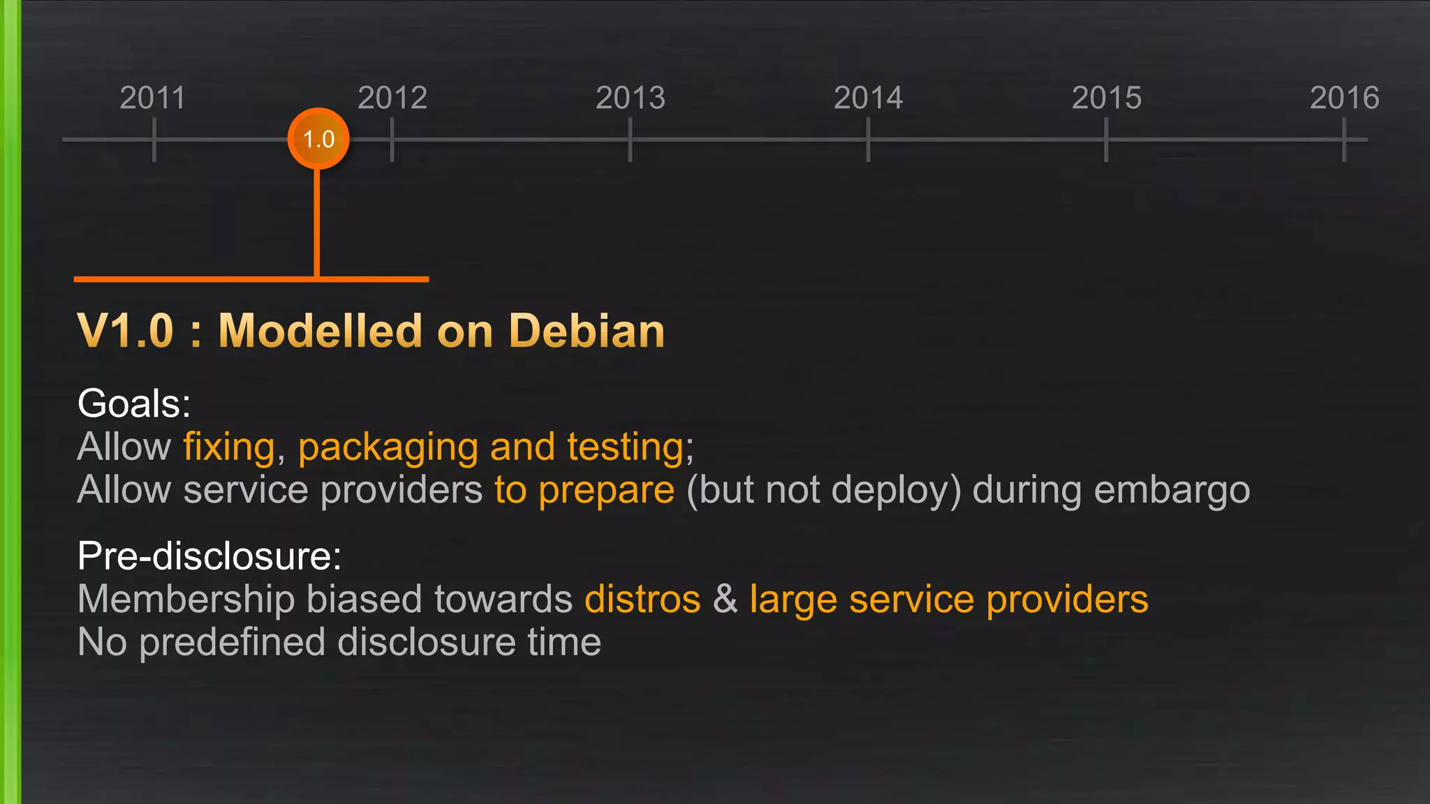 2011 2012 2013 2014 2015 2016
Goals:
Allow fixing, packaging and testing;
Allow service providers to prepare (but not deploy) during embargo
Pre-disclosure:
Membership biased towards distros & large service providers
No predefined disclosure time
1.0
 