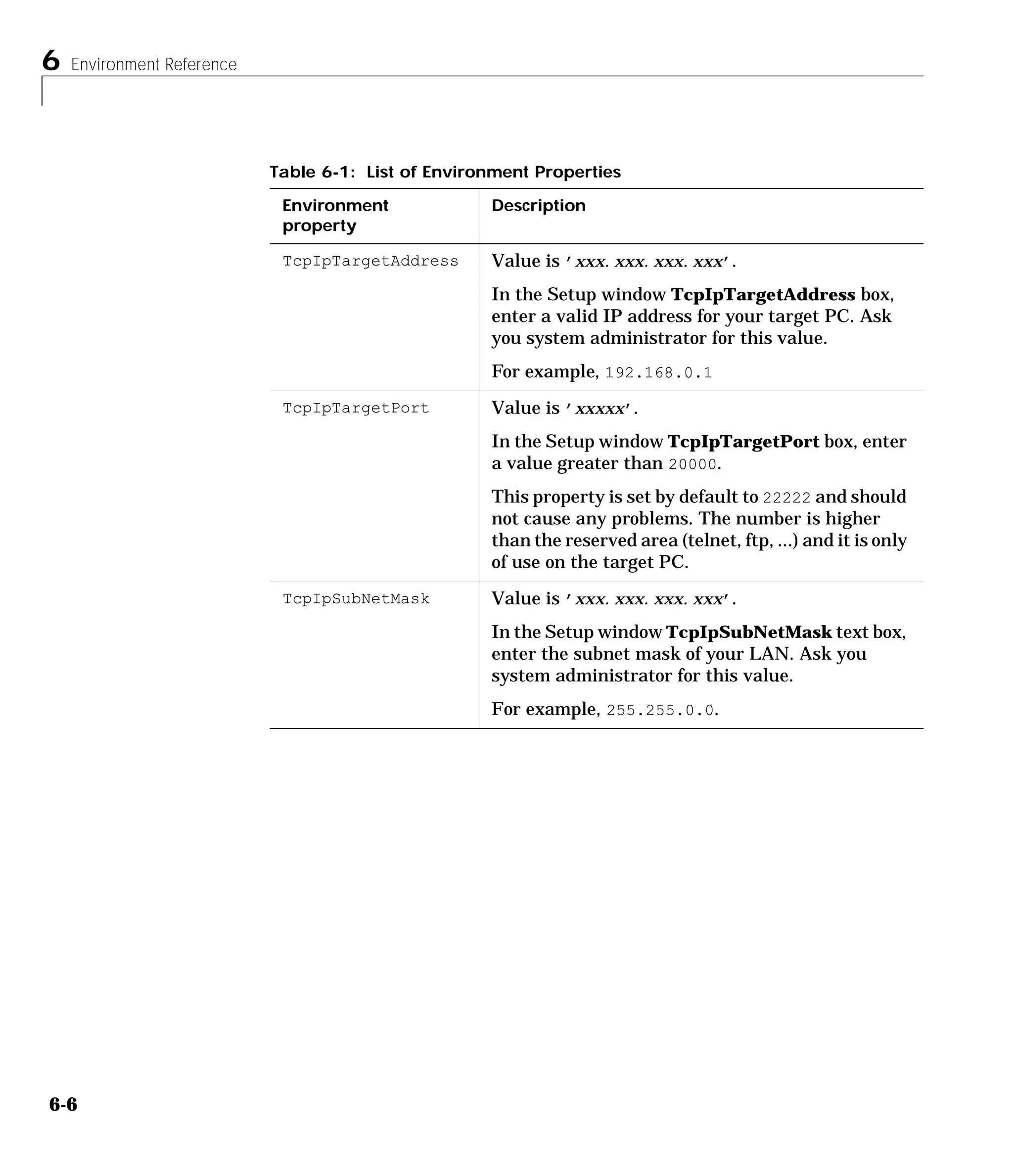 6 Environment Reference
6-6
TcpIpTargetAddress Value is ’xxx.xxx.xxx.xxx’.
In the Setup window TcpIpTargetAddress box,
enter a valid IP address for your target PC. Ask
you system administrator for this value.
For example, 192.168.0.1
TcpIpTargetPort Value is ’xxxxx’.
In the Setup window TcpIpTargetPort box, enter
a value greater than 20000.
This property is set by default to 22222 and should
not cause any problems. The number is higher
than the reserved area (telnet, ftp, ...) and it is only
of use on the target PC.
TcpIpSubNetMask Value is ’xxx.xxx.xxx.xxx’.
In the Setup window TcpIpSubNetMask text box,
enter the subnet mask of your LAN. Ask you
system administrator for this value.
For example, 255.255.0.0.
Table 6-1: List of Environment Properties
Environment
property
Description
 