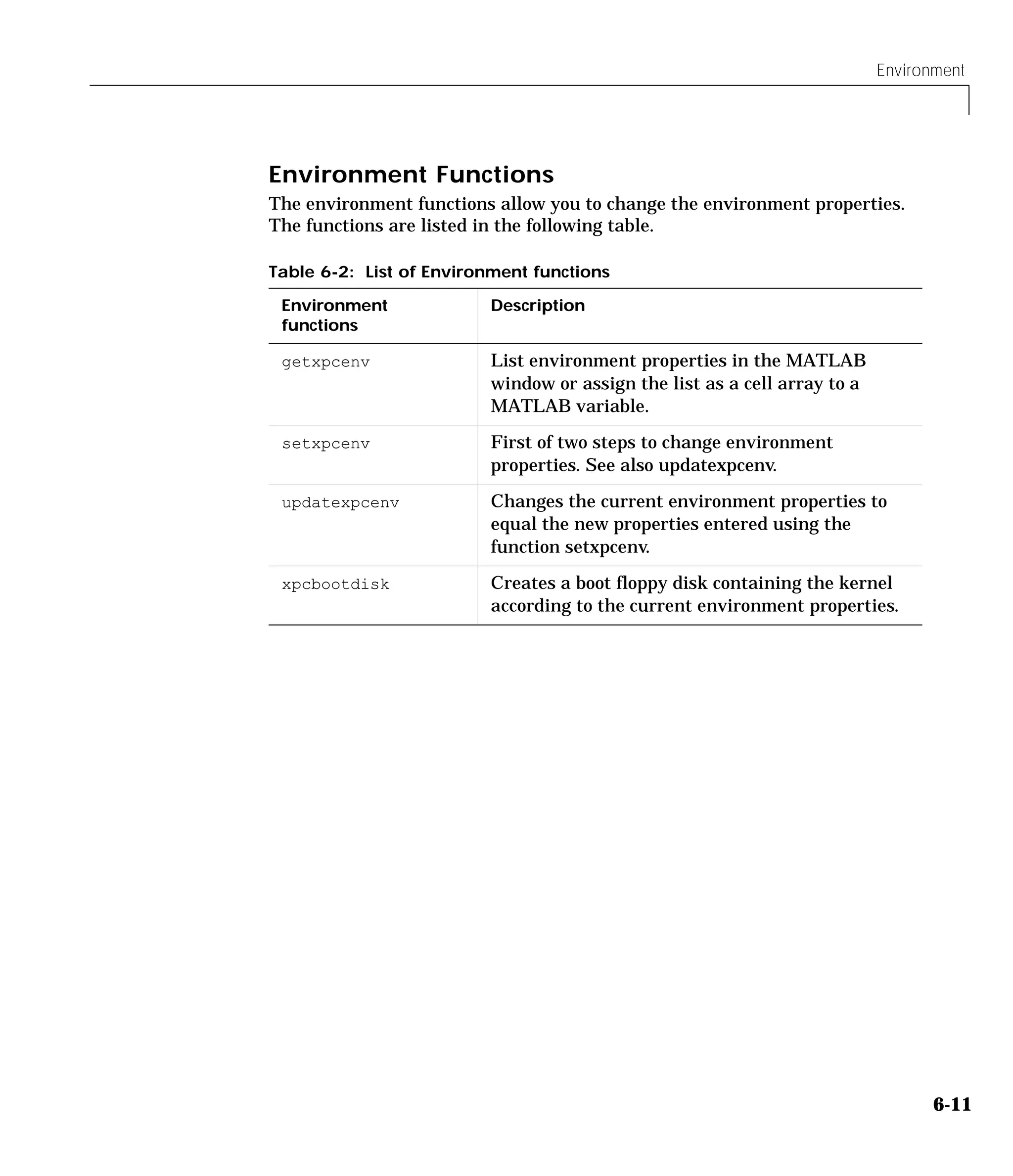 Environment
6-11
Environment Functions
The environment functions allow you to change the environment properties.
The functions are listed in the following table.
Table 6-2: List of Environment functions
Environment
functions
Description
getxpcenv List environment properties in the MATLAB
window or assign the list as a cell array to a
MATLAB variable.
setxpcenv First of two steps to change environment
properties. See also updatexpcenv.
updatexpcenv Changes the current environment properties to
equal the new properties entered using the
function setxpcenv.
xpcbootdisk Creates a boot floppy disk containing the kernel
according to the current environment properties.
 