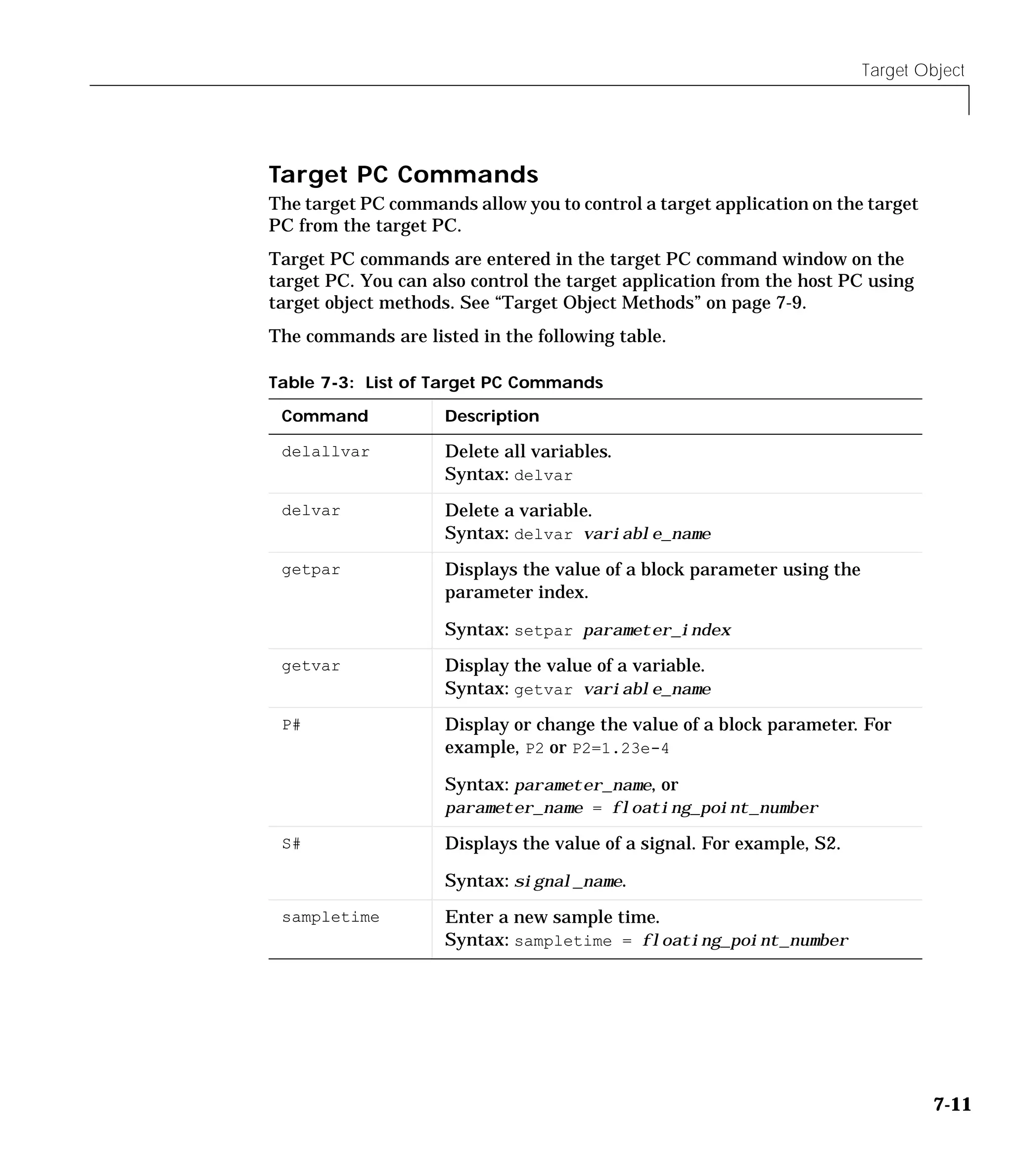 Target Object
7-11
Target PC Commands
The target PC commands allow you to control a target application on the target
PC from the target PC.
Target PC commands are entered in the target PC command window on the
target PC. You can also control the target application from the host PC using
target object methods. See “Target Object Methods” on page 7-9.
The commands are listed in the following table.
Table 7-3: List of Target PC Commands
Command Description
delallvar Delete all variables.
Syntax: delvar
delvar Delete a variable.
Syntax: delvar variable_name
getpar Displays the value of a block parameter using the
parameter index.
Syntax: setpar parameter_index
getvar Display the value of a variable.
Syntax: getvar variable_name
P# Display or change the value of a block parameter. For
example, P2 or P2=1.23e-4
Syntax: parameter_name, or
parameter_name = floating_point_number
S# Displays the value of a signal. For example, S2.
Syntax: signal_name.
sampletime Enter a new sample time.
Syntax: sampletime = floating_point_number
 