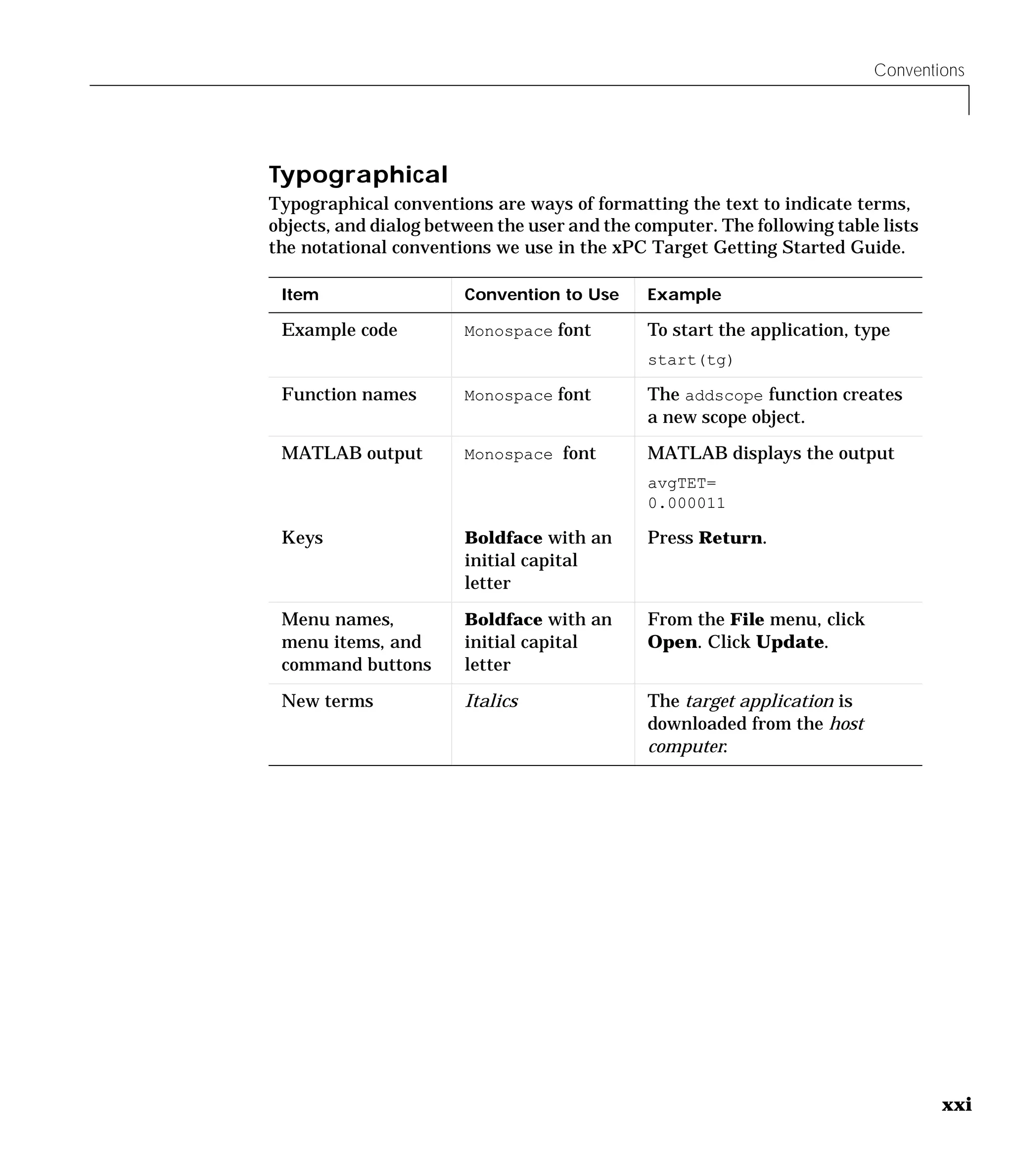 Conventions
xxi
Typographical
Typographical conventions are ways of formatting the text to indicate terms,
objects, and dialog between the user and the computer. The following table lists
the notational conventions we use in the xPC Target Getting Started Guide.
Item Convention to Use Example
Example code Monospace font To start the application, type
start(tg)
Function names Monospace font The addscope function creates
a new scope object.
MATLAB output Monospace font MATLAB displays the output
avgTET=
0.000011
Keys Boldface with an
initial capital
letter
Press Return.
Menu names,
menu items, and
command buttons
Boldface with an
initial capital
letter
From the File menu, click
Open. Click Update.
New terms Italics The target application is
downloaded from the host
computer.
 