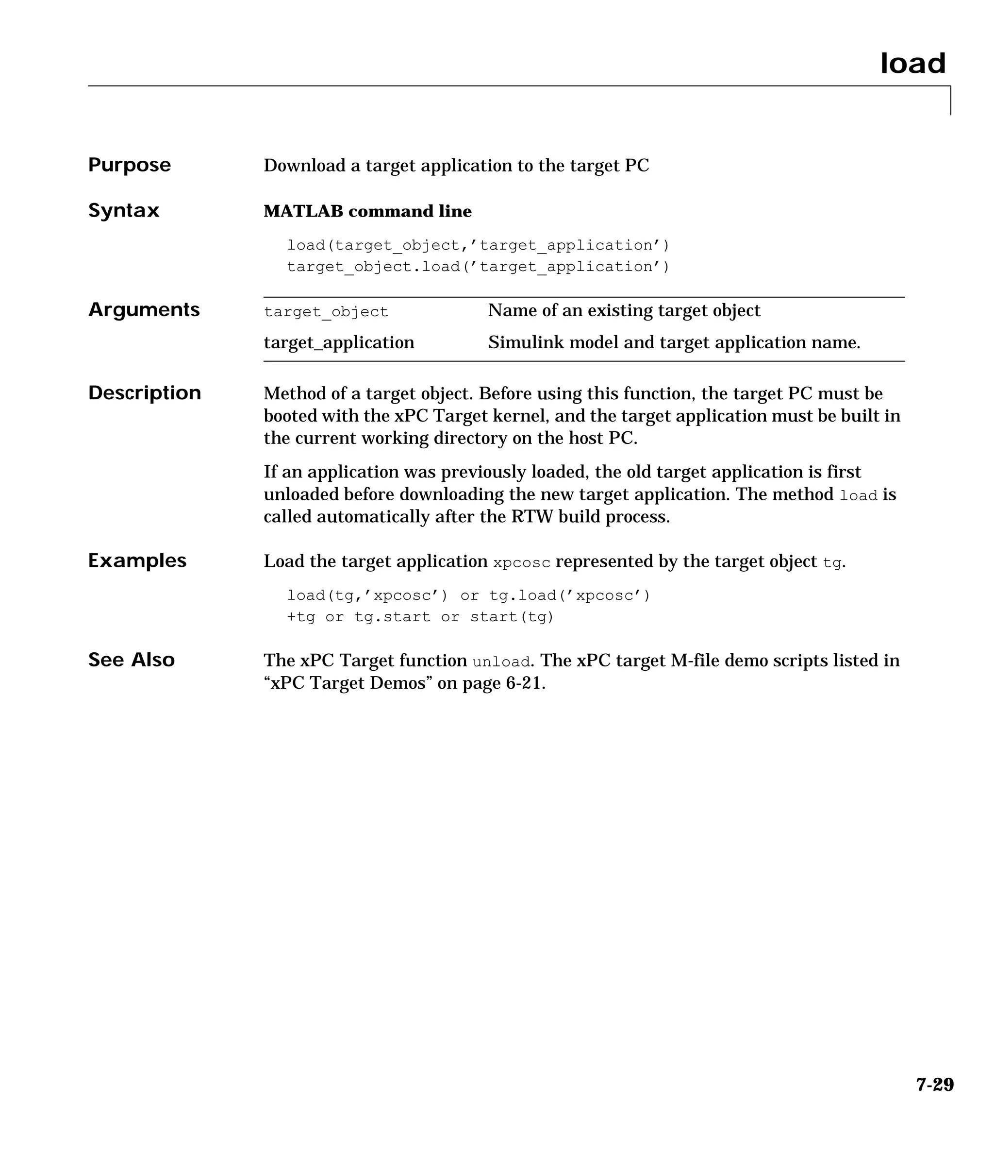 load
7-29
7load
Purpose Download a target application to the target PC
Syntax MATLAB command line
load(target_object,’target_application’)
target_object.load(’target_application’)
Arguments
Description Method of a target object. Before using this function, the target PC must be
booted with the xPC Target kernel, and the target application must be built in
the current working directory on the host PC.
If an application was previously loaded, the old target application is first
unloaded before downloading the new target application. The method load is
called automatically after the RTW build process.
Examples Load the target application xpcosc represented by the target object tg.
load(tg,’xpcosc’) or tg.load(’xpcosc’)
+tg or tg.start or start(tg)
See Also The xPC Target function unload. The xPC target M-file demo scripts listed in
“xPC Target Demos” on page 6-21.
target_object Name of an existing target object
target_application Simulink model and target application name.
 