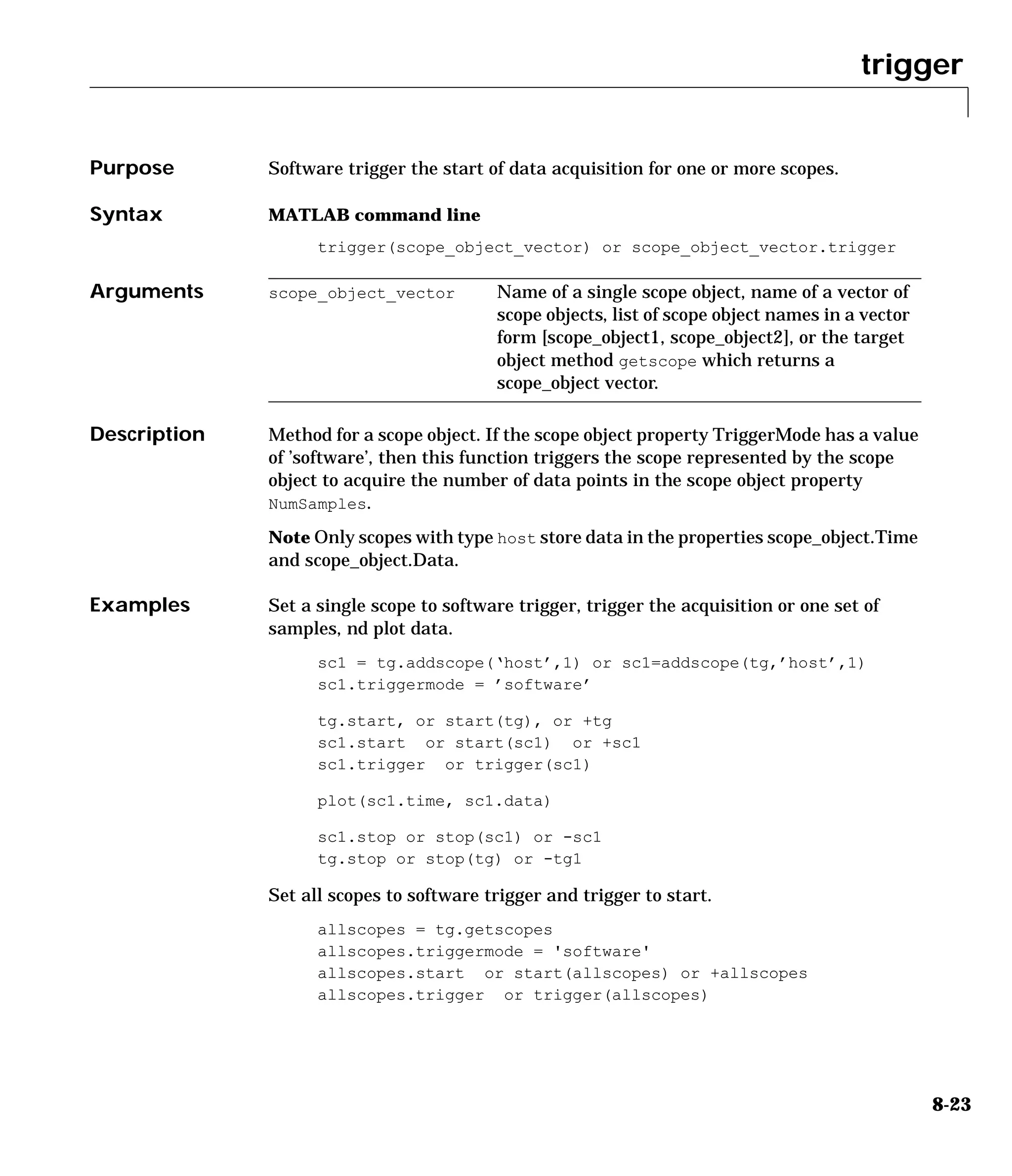 trigger
8-23
8trigger
Purpose Software trigger the start of data acquisition for one or more scopes.
Syntax MATLAB command line
trigger(scope_object_vector) or scope_object_vector.trigger
Arguments
Description Method for a scope object. If the scope object property TriggerMode has a value
of ’software’, then this function triggers the scope represented by the scope
object to acquire the number of data points in the scope object property
NumSamples.
Note Only scopes with type host store data in the properties scope_object.Time
and scope_object.Data.
Examples Set a single scope to software trigger, trigger the acquisition or one set of
samples, nd plot data.
sc1 = tg.addscope(‘host’,1) or sc1=addscope(tg,’host’,1)
sc1.triggermode = ’software’
tg.start, or start(tg), or +tg
sc1.start or start(sc1) or +sc1
sc1.trigger or trigger(sc1)
plot(sc1.time, sc1.data)
sc1.stop or stop(sc1) or -sc1
tg.stop or stop(tg) or -tg1
Set all scopes to software trigger and trigger to start.
allscopes = tg.getscopes
allscopes.triggermode = 'software'
allscopes.start or start(allscopes) or +allscopes
allscopes.trigger or trigger(allscopes)
scope_object_vector Name of a single scope object, name of a vector of
scope objects, list of scope object names in a vector
form [scope_object1, scope_object2], or the target
object method getscope which returns a
scope_object vector.
 