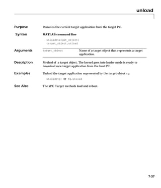 unload
7-37
7unload
Purpose Removes the current target application from the target PC.
Syntax MATLAB command line
unload(target_object)
target_object.unload
Arguments
Description Method of a target object. The kernel goes into loader mode is ready to
download new target application from the host PC.
Examples Unload the target application represented by the target object tg.
unload(tg) or tg.unload
See Also The xPC Target methods load and reboot.
target_object Name of a target object that represents a target
application.
 