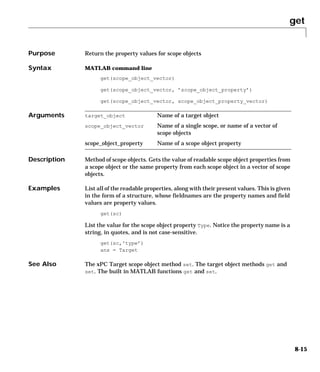 get
8-15
8get
Purpose Return the property values for scope objects
Syntax MATLAB command line
get(scope_object_vector)
get(scope_object_vector, ’scope_object_property’)
get(scope_object_vector, scope_object_property_vector)
Arguments
Description Method of scope objects. Gets the value of readable scope object properties from
a scope object or the same property from each scope object in a vector of scope
objects.
Examples List all of the readable properties, along with their present values. This is given
in the form of a structure, whose fieldnames are the property names and field
values are property values.
get(sc)
List the value for the scope object property Type. Notice the property name is a
string, in quotes, and is not case-sensitive.
get(sc,'type’)
ans = Target
See Also The xPC Target scope object method set. The target object methods get and
set. The built in MATLAB functions get and set.
target_object Name of a target object
scope_object_vector Name of a single scope, or name of a vector of
scope objects
scope_object_property Name of a scope object property
 