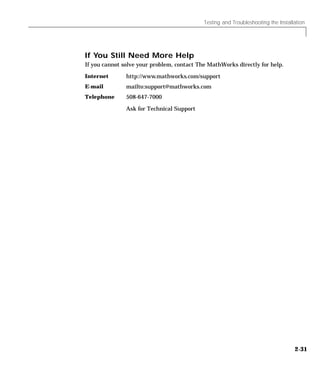 Testing and Troubleshooting the Installation
2-31
If You Still Need More Help
If you cannot solve your problem, contact The MathWorks directly for help.
Internet http://www.mathworks.com/support
E-mail mailto:support@mathworks.com
Telephone 508-647-7000
Ask for Technical Support
 