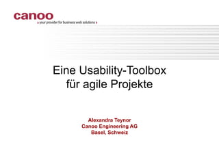Eine Usability-Toolbox
  für agile Projekte

       Alexandra Teynor
     Canoo Engineering AG
        Basel, Schweiz
 