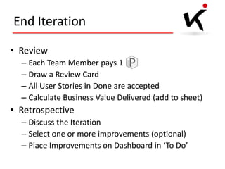 End Iteration
• Review
– Each Team Member pays 1
– Draw a Review Card
– All User Stories in Done are accepted
– Calculate Business Value Delivered (add to sheet)

• Retrospective
– Discuss the Iteration
– Select one or more improvements (optional)
– Place Improvements on Dashboard in ‘To Do’

 