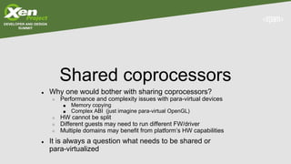 Shared coprocessors
● Why one would bother with sharing coprocessors?
○ Performance and complexity issues with para-virtual devices
■ Memory copying
■ Complex ABI (just imagine para-virtual OpenGL)
○ HW cannot be split
○ Different guests may need to run different FW/driver
○ Multiple domains may benefit from platform’s HW capabilities
● It is always a question what needs to be shared or
para-virtualized
 