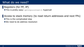 20
What do we need?
▌Registers (for FP, IP)
This is pretty easy: getvcpucontext() hypercall
▌Access to stack memory (to read return addresses and next FPs)
This is the complicated step
We need to do address resolution
 