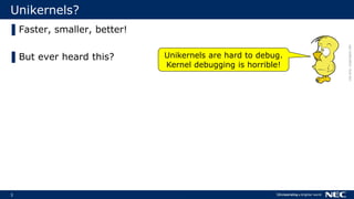 3
Unikernels?
▌Faster, smaller, better!
▌But ever heard this? Unikernels are hard to debug.
Kernel debugging is horrible!
cliparts:clipproject.info
 