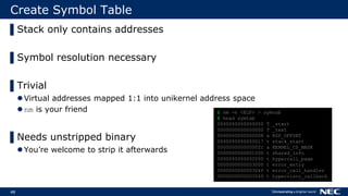 48
Create Symbol Table
▌Stack only contains addresses
▌Symbol resolution necessary
▌Trivial
Virtual addresses mapped 1:1 into unikernel address space
nm is your friend
▌Needs unstripped binary
You’re welcome to strip it afterwards
$ nm -n <ELF> > symtab
$ head symtab
0000000000000000 T _start
0000000000000000 T _text
0000000000000008 a RSP_OFFSET
0000000000000017 t stack_start
00000000000000fc a KERNEL_CS_MASK
0000000000001000 t shared_info
0000000000002000 t hypercall_page
0000000000003000 t error_entry
000000000000304f t error_call_handler
0000000000003069 t hypervisor_callback
 