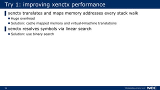 54
Try 1: improving xenctx performance
▌xenctx translates and maps memory addresses every stack walk
 Huge overhead
 Solution: cache mapped memory and virtualmachine translations
▌xenctx resolves symbols via linear search
 Solution: use binary search
 